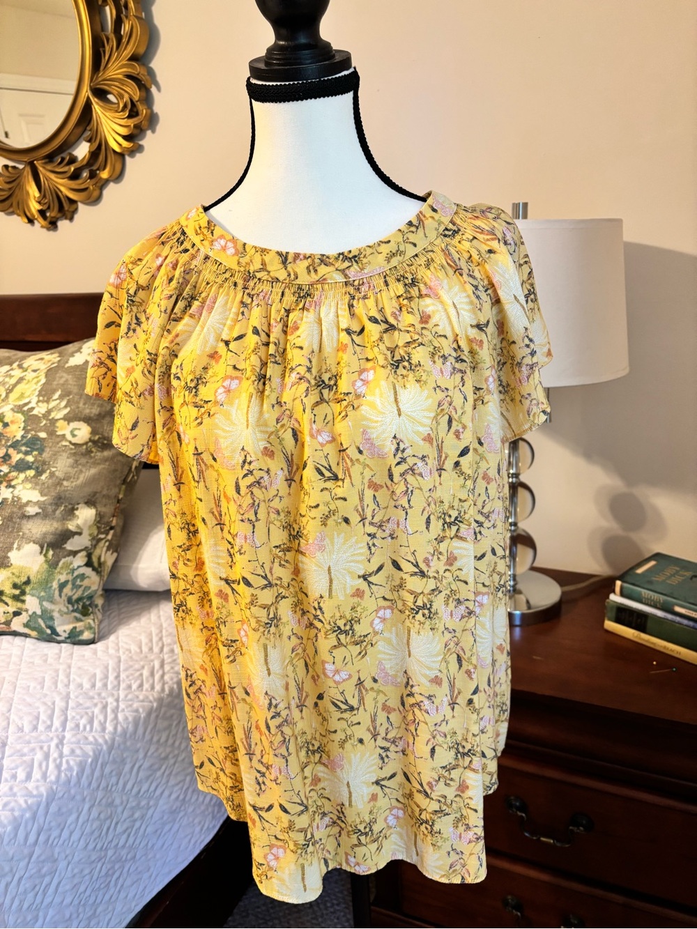 LC Lauren Conrad Yellow Floral Short Sleeve Blouse